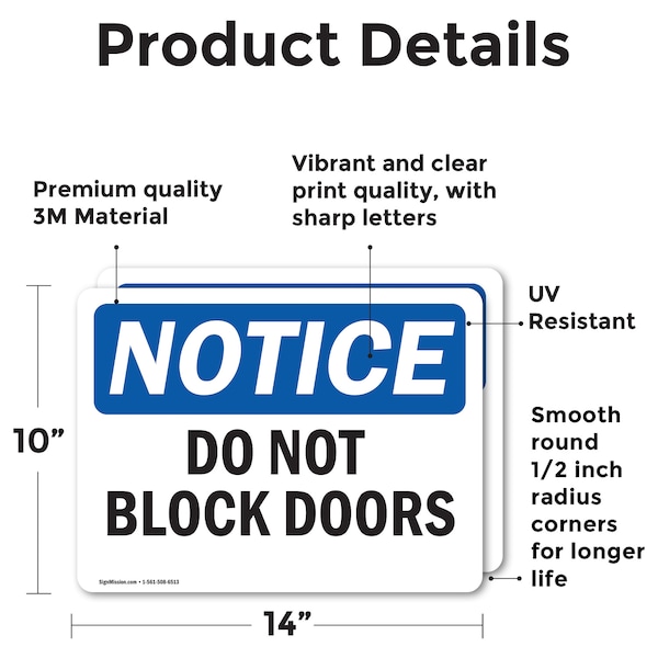 Signmission Do Not Block Doors, 14 in W x Rectangle, Vinyl Decal - OS-2PACK-NS-D-1014-L-11078