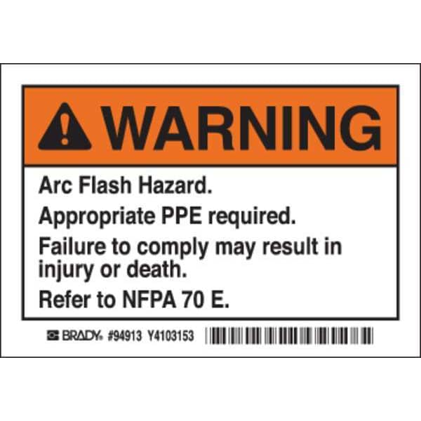 Brady Arc Flash Warning Label, 3 1/2 in Height, 5 in Width, Polyester, Horizontal Rectangle, English - EL-1