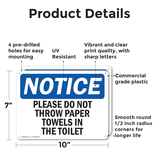 Signmission Please Do Not Throw Paper Towels In The Toilet, 10 in W x Rectangle, Plastic - OS-2PACK-NS-P-710-L-17424