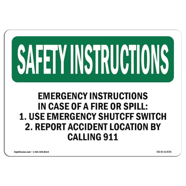 Signmission OSHA Sign, Emergency Instructions In Case Of Fire, 14in X 10in Alum, 10" W, 14" L, Landscape - OS-SI-A-1014-L-11436