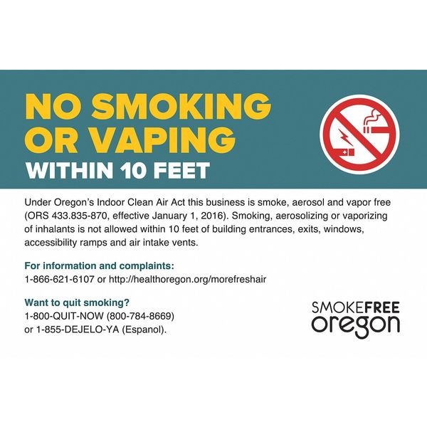 Zing No Smoking Sign, Oregon, 7" H, 10" W, Plastic, Rectangle, English, 1861S - 1861S