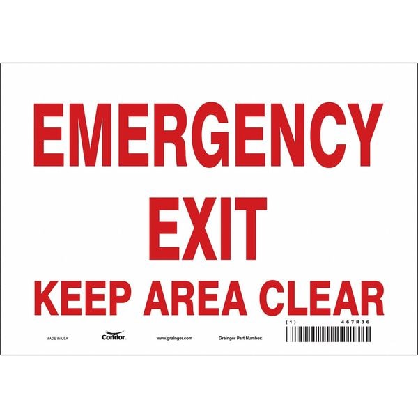 Condor Exit Sign, Vinyl, 10" W, 7" H, Emergency Exit Keep Area Clear, White - 467R36