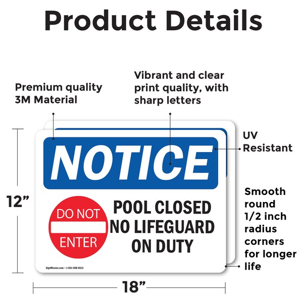 Signmission Pool Closed No Lifeguard On Duty Sign With Symbol, 18 in W x Rectangle, Vinyl Decal - OS-2PACK-NS-D-1218-L-17677