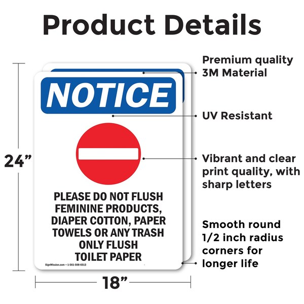 Signmission Please Do Not Flush Sign With Symbol, 18 in W x Rectangle, Vinyl Decal - OS-2PACK-NS-D-1824-V-17383
