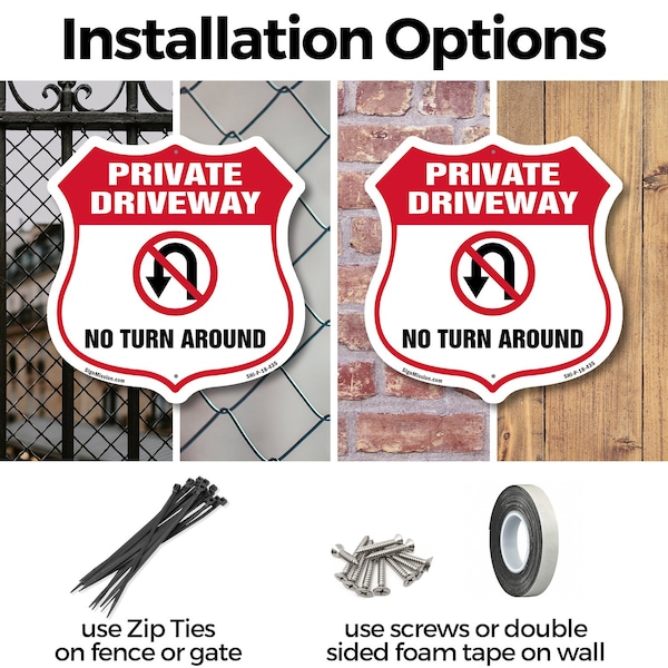 Signmission Private Driveway Shield Sign No Turn Aro, 12 Inch X 12 Inch, Plastic Sign - SHI-P-12-435