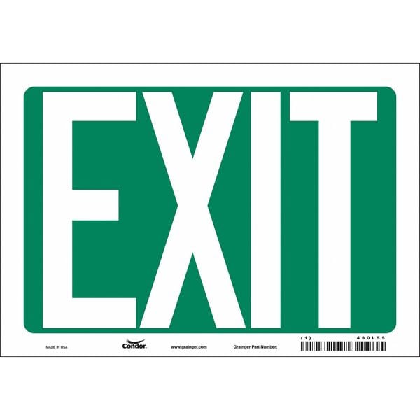 Condor Exit Sign, Vinyl, 10" W, 7" H, EXIT, Green, White - 480L55
