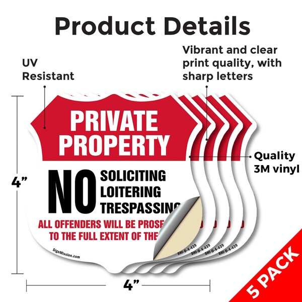 Signmission Private Property Shield Label Set No Sol, 4 inch X 4 inch, Vinyl Decal, 5PK - SHI-D-5PACK-4-439