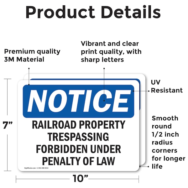 Signmission Railroad Property Trespassing Forbidden OSHA Notice Sign, Vinyl Decal, 10in W x 7in L, 2PK - OS-2PACK-NS-D-710-L-17974