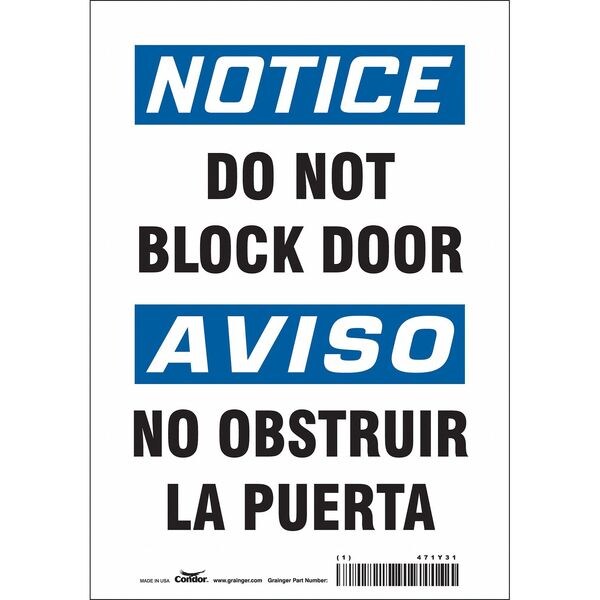 Condor Notice, Do Not Block Door/no Obstruir La Puerta, 7 in x 10 in, Horizontal Rectangle, Vinyl, 471Y31 - 471Y31
