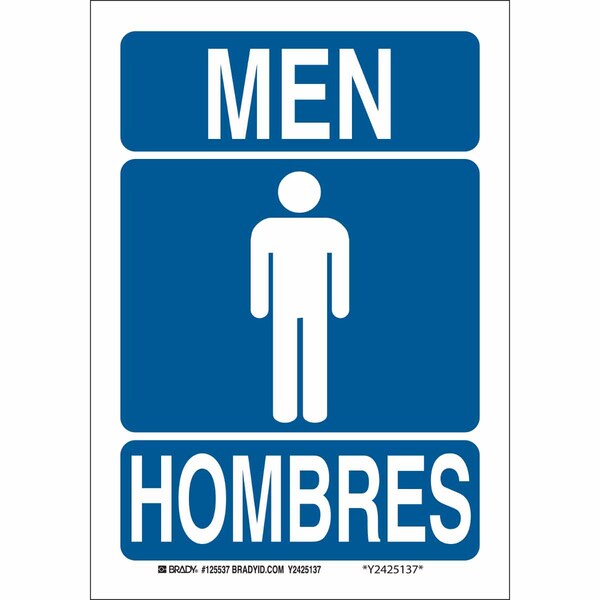 Brady Restroom Sign, Men/Hombres, 7" W x 10" H, Rectangle, Plastic, 125536 - 125536