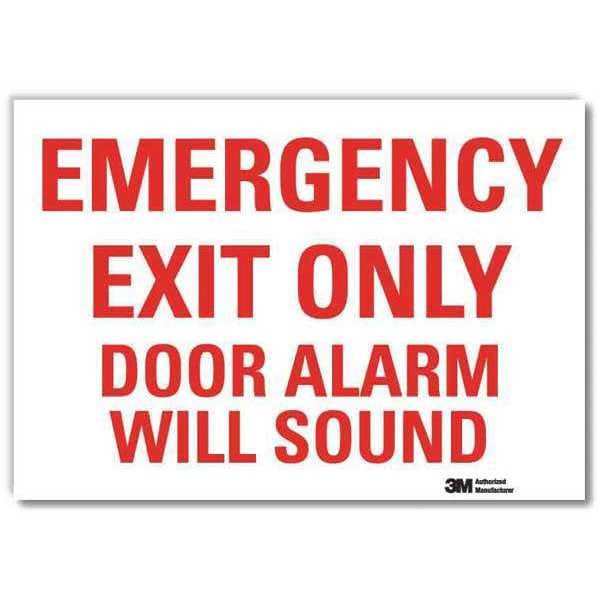 Lyle Exit Sign, Vinyl, 10" W, 7" H, Emergency Exit Only Door Alarm Will Sound, White - U7-1086-RD_10X7