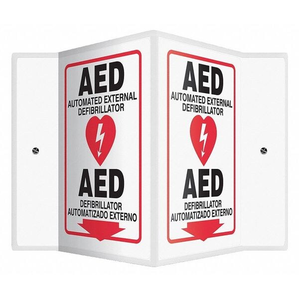Accuform AED Automated External Defibrillator, Spanish-Bilingual Sign, 14" W x 12" H, V-Shaped, SBPSP657 - SBPSP657