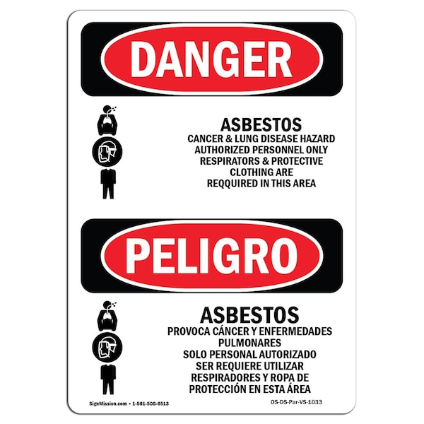 Signmission Safety Sign, OSHA Danger, 14" Height, Asbestos Cancer Lung Disease Bilingual Spanish - OS-DS-D-1014-VS-1033