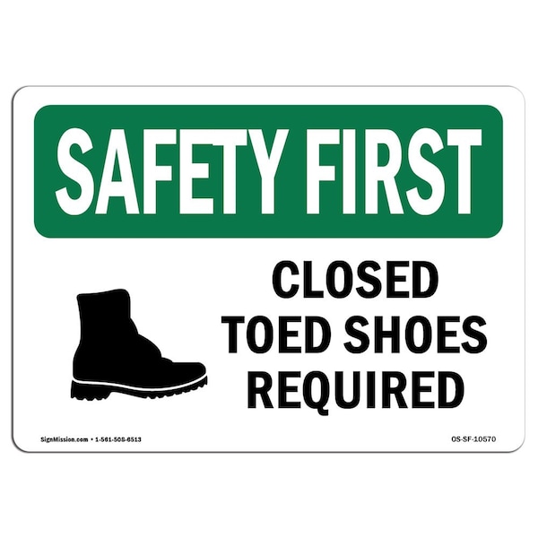 Signmission OSHA Sign, Closed Toed Shoes Required W/ Symbol, 10in X 7in Aluminum, 10" W, 7" H, Landscape - OS-SF-A-710-L-10570