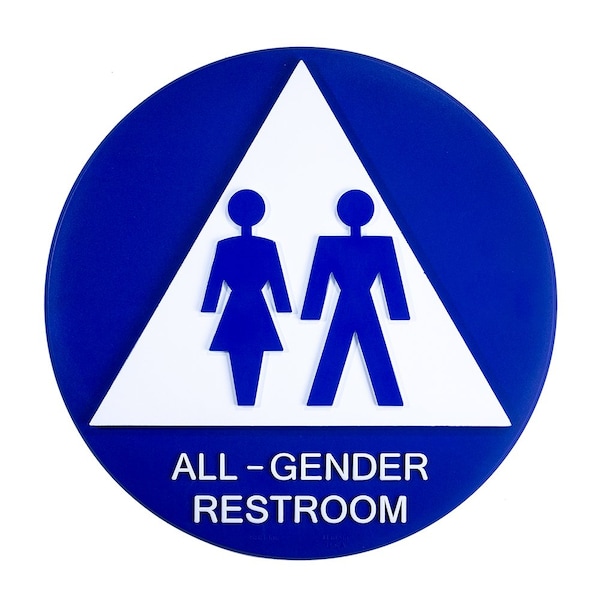 Bcf 12 x 12, All Gender Door Sign, Circular With Triangle Print, Picture & Text, Blue - SBH12AG-BLUE