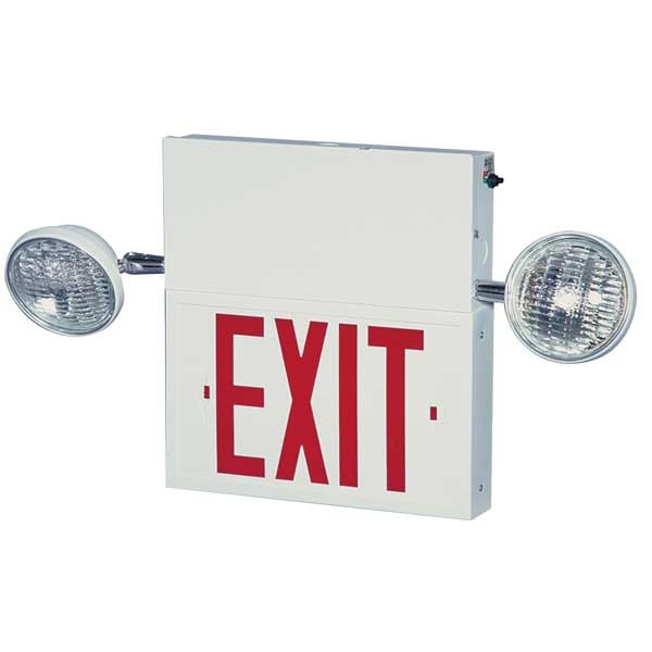 Big Beam Exit Sign with Emergency Lights, White, 1 Face(s), LED, Universal Mount, Lead Calcium - 2COM1GWW