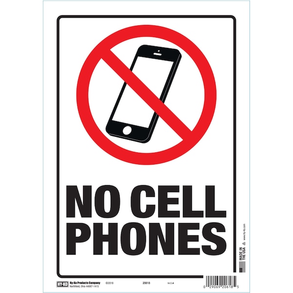 Hy-Ko No Cell Phones Sign 8.5" x 12", 10PK - A20618