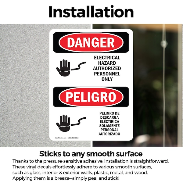 Signmission Electrical Hazard Authorized Only Bilingual Danger Sign, Vinyl Decal, 3.5in W x 5in L, 2PK - OS-2PACK-DS-D-35-VS-1197