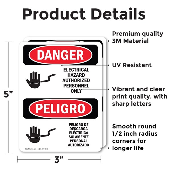 Signmission Electrical Hazard Authorized Only Bilingual Danger Sign, Vinyl Decal, 3.5in W x 5in L, 2PK - OS-2PACK-DS-D-35-VS-1197