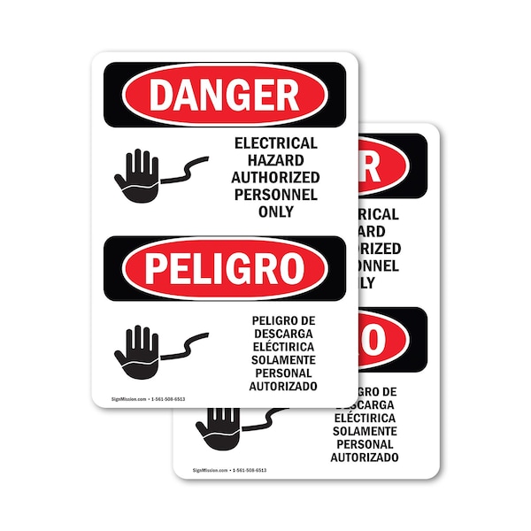 Signmission Electrical Hazard Authorized Only Bilingual Danger Sign, Vinyl Decal, 3.5in W x 5in L, 2PK - OS-2PACK-DS-D-35-VS-1197