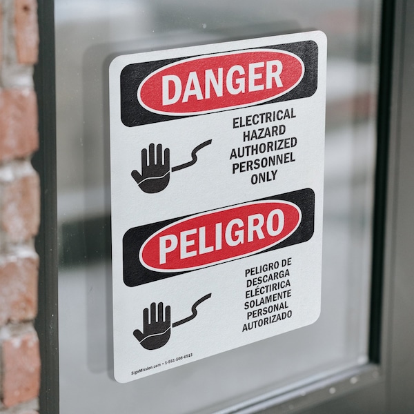 Signmission Electrical Hazard Authorized Only Bilingual Danger Sign, Vinyl Decal, 3.5in W x 5in L, 2PK - OS-2PACK-DS-D-35-VS-1197