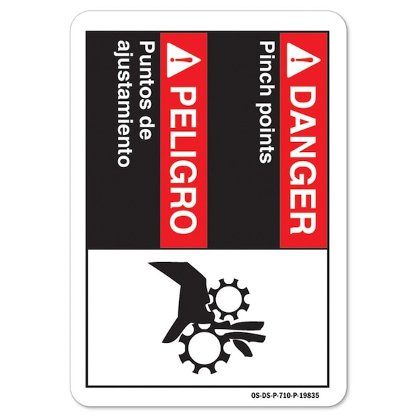 Signmission ANSI Sign, Pinch Points, Bilingual Spanish, 5in X 3.5in Decal, 10PK, 3.5" W, 5" L, Landscape, PK10 - OS-DS-D-35-L-19835-10PK