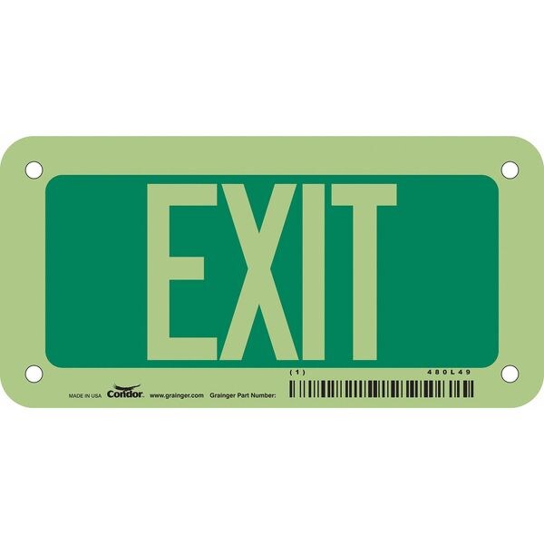 Condor Exit Sign, Plastic, 6" W, 3" H, EXIT, Green, White - 480L49