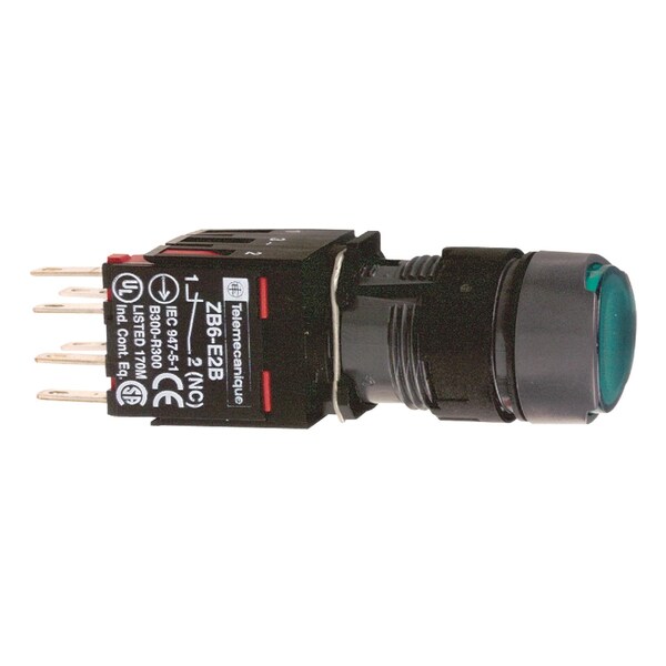 Botón pulsador iluminado completo, Harmony XB6, verde empotrable, 16mm, retorno por resorte, 1 contacto normalmente abierto + 1 contacto normalmente cerrado, 12...24V - XB6AW3B5B