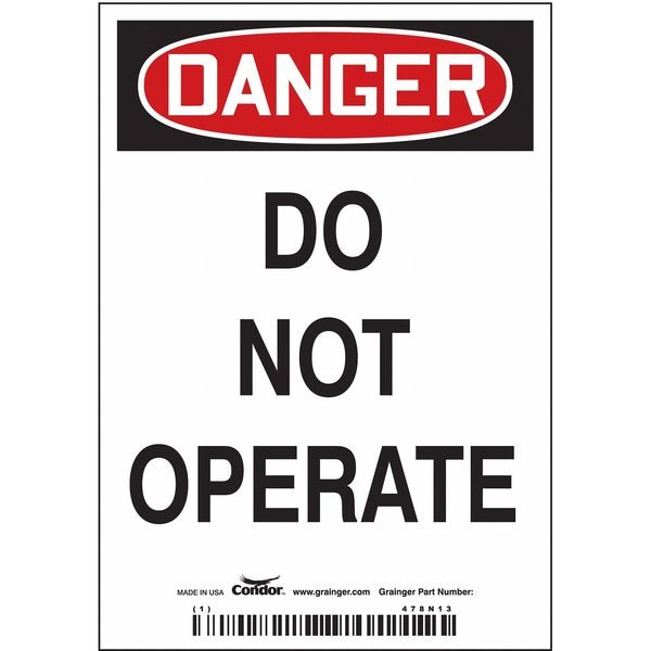 Condor Danger, DO NOT OPERATE, 3 1/2 in W x 5 in H, Vertical Rectangle, Magnetic Vinyl - 478N13