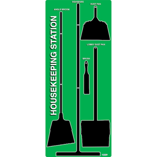 5S Supplies 5S Housekeeping Shadow Board Broom Station Version 14 - Green Board / Black Shadows  With Broom - HSB-V14-GREEN-KIT