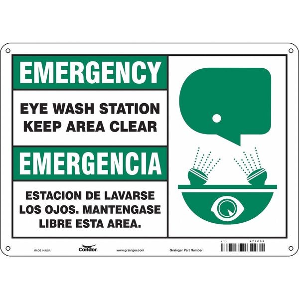 Condor Emergency/Emergencia, Safety Shower, 14 in W x 10 in H, Horizontal Rectangle, Aluminum, 471C55 - 471C55