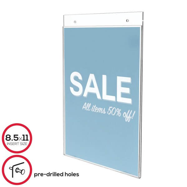 Deflecto Wall Mount Sign Holder, Pre-Drilled, Portrait, 8-1/2"x11", CL - DEF68201