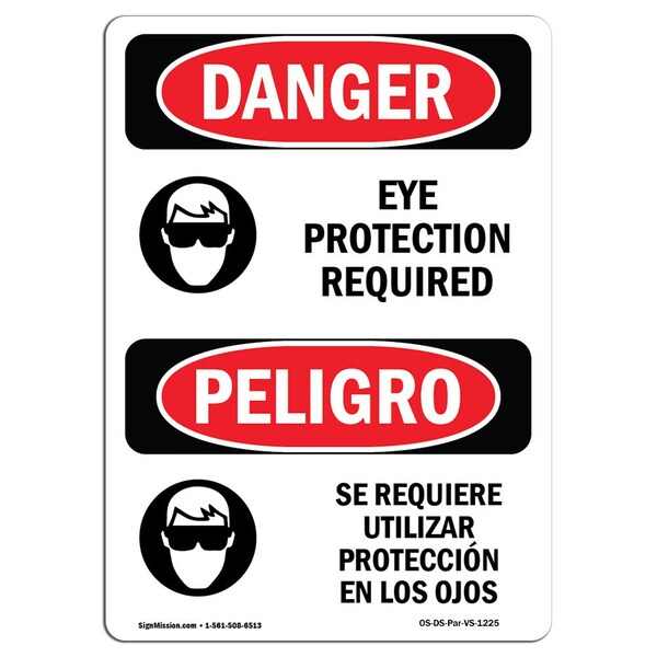 Signmission OSHA Danger Sign, Eye Protection Required Bilingual, 14in X 10in Rigid Plastic, OS-DS-P-1014-VS-1225 - OS-DS-P-1014-VS-1225