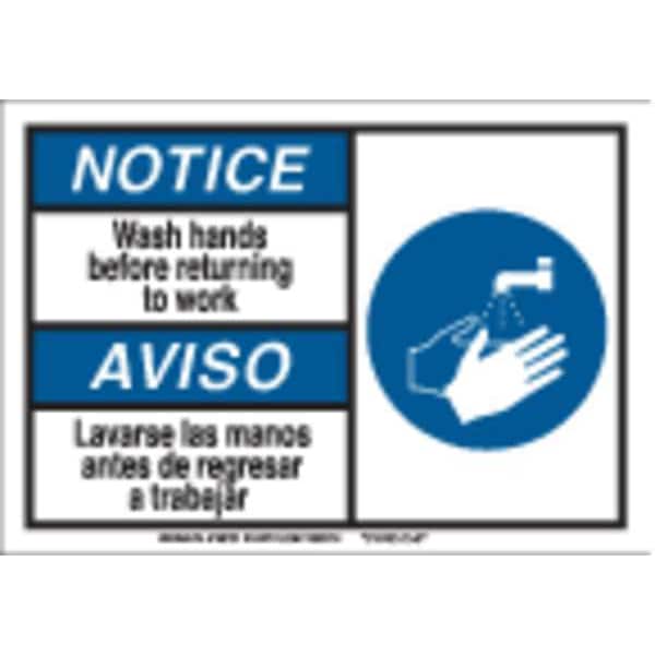 Brady Notice/Aviso, Wash Hands Before Returning To Work, English/Spanish, 10 in x 14 in, Plastic, 145753 - 145753