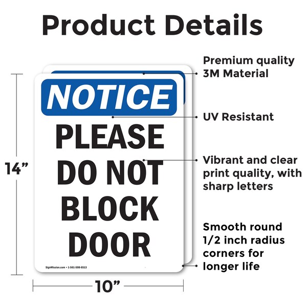 Signmission Please Do Not Block Door, 10 in W x Rectangle, Vinyl Decal - OS-2PACK-NS-D-1014-V-17375