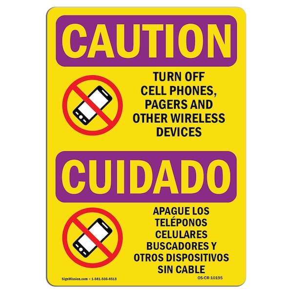 Signmission OSHA RADIATION Sign, Turn Off Cell Phones Bilingual, 10in X 7in Decal, 7" H, 10" W, Landscape - OS-CR-D-710-L-10195