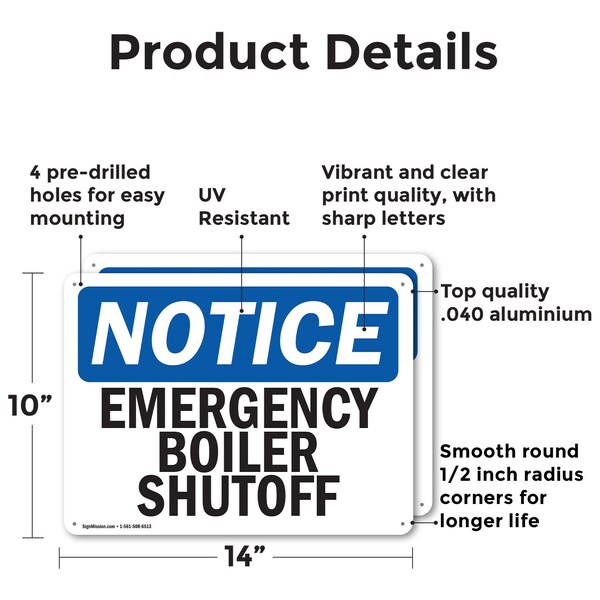 Signmission Emergency Boiler Shutoff, 14 in W x Rectangle, Aluminum - OS-2PACK-NS-A-1014-L-11769
