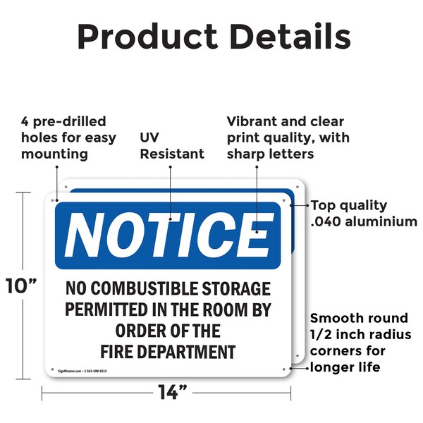 Signmission No Combustible Storage Permitted In This, 14 in W x Rectangle, Aluminum - OS-2PACK-NS-A-1014-L-14456