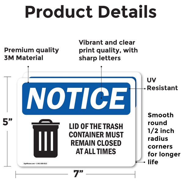 Signmission Lid Trash Container Remain Closed All Times, 7 in W x Rectangle, Vinyl Decal - OS-2PACK-NS-D-57-L-15883