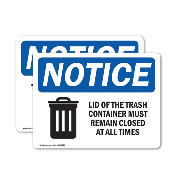 Signmission Lid Trash Container Remain Closed All Times, 7 in W x Rectangle, Vinyl Decal - OS-2PACK-NS-D-57-L-15883