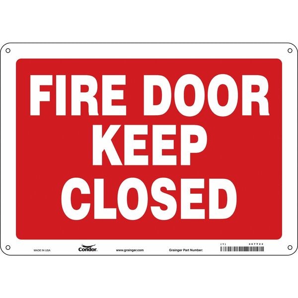Condor Safety Sign Emergency Exit, Aluminum, 14 in W, 10 in H, FIRE DOOR KEEP CLOSED, Red, White - 467T22