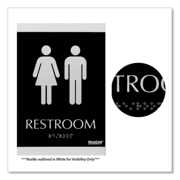 Headline Sign Century Series Office Sign, Men/Women Restroom, 6 x 9, Black/Silver - 4249