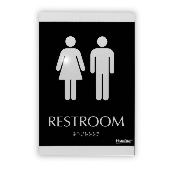 Headline Sign Century Series Office Sign, Men/Women Restroom, 6 x 9, Black/Silver - 4249