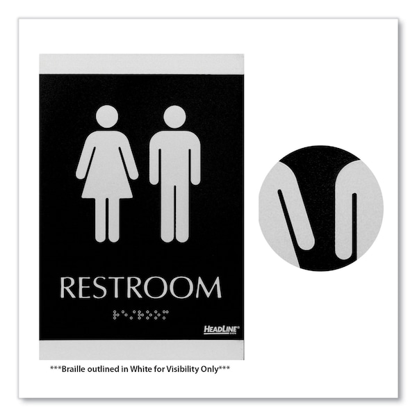 Headline Sign Century Series Office Sign, Men/Women Restroom, 6 x 9, Black/Silver - 4249