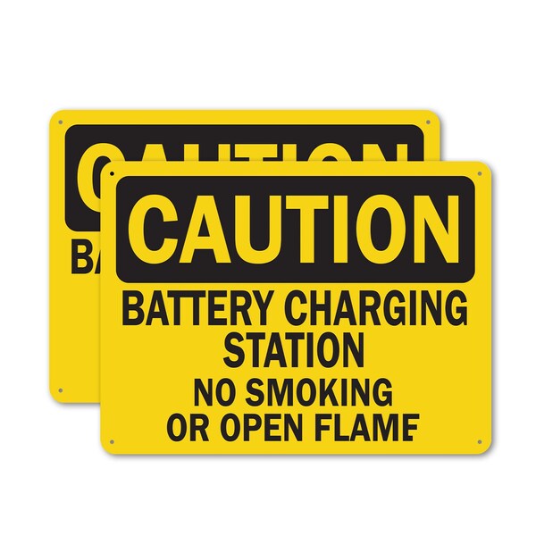 Signmission Battery Charging Station No Smoking Or Open Flames OSHA Caution Sign, Plastic, 14in W x 10in L, 2PK - OS-2PACK-CS-P-1014-L-19115
