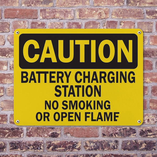 Signmission Battery Charging Station No Smoking Or Open Flames OSHA Caution Sign, Plastic, 14in W x 10in L, 2PK - OS-2PACK-CS-P-1014-L-19115