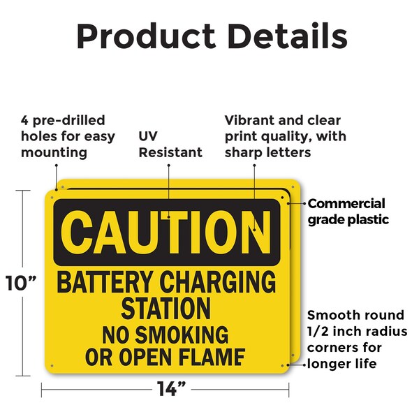 Signmission Battery Charging Station No Smoking Or Open Flames OSHA Caution Sign, Plastic, 14in W x 10in L, 2PK - OS-2PACK-CS-P-1014-L-19115