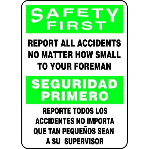 Accuform Spanish-Bilingual Safety First Sign, 14" Height, 10" Width, Plastic, Rectangle, English, Spanish - SBMGNF910VP