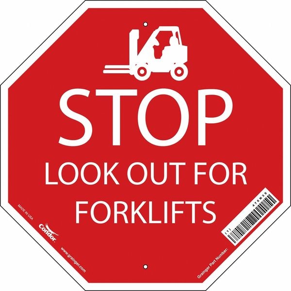 Condor No Header, Stop Look Out For Forklifts, 18" W x 18" H, Octagon, Plastic - 476N39