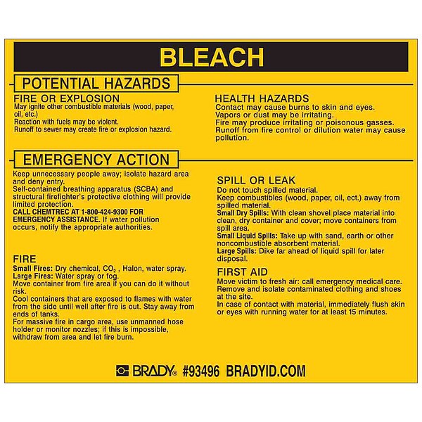 Brady Chemical Label, 3 3/4 in H, 4 1/2 in W, 93496 - 93496